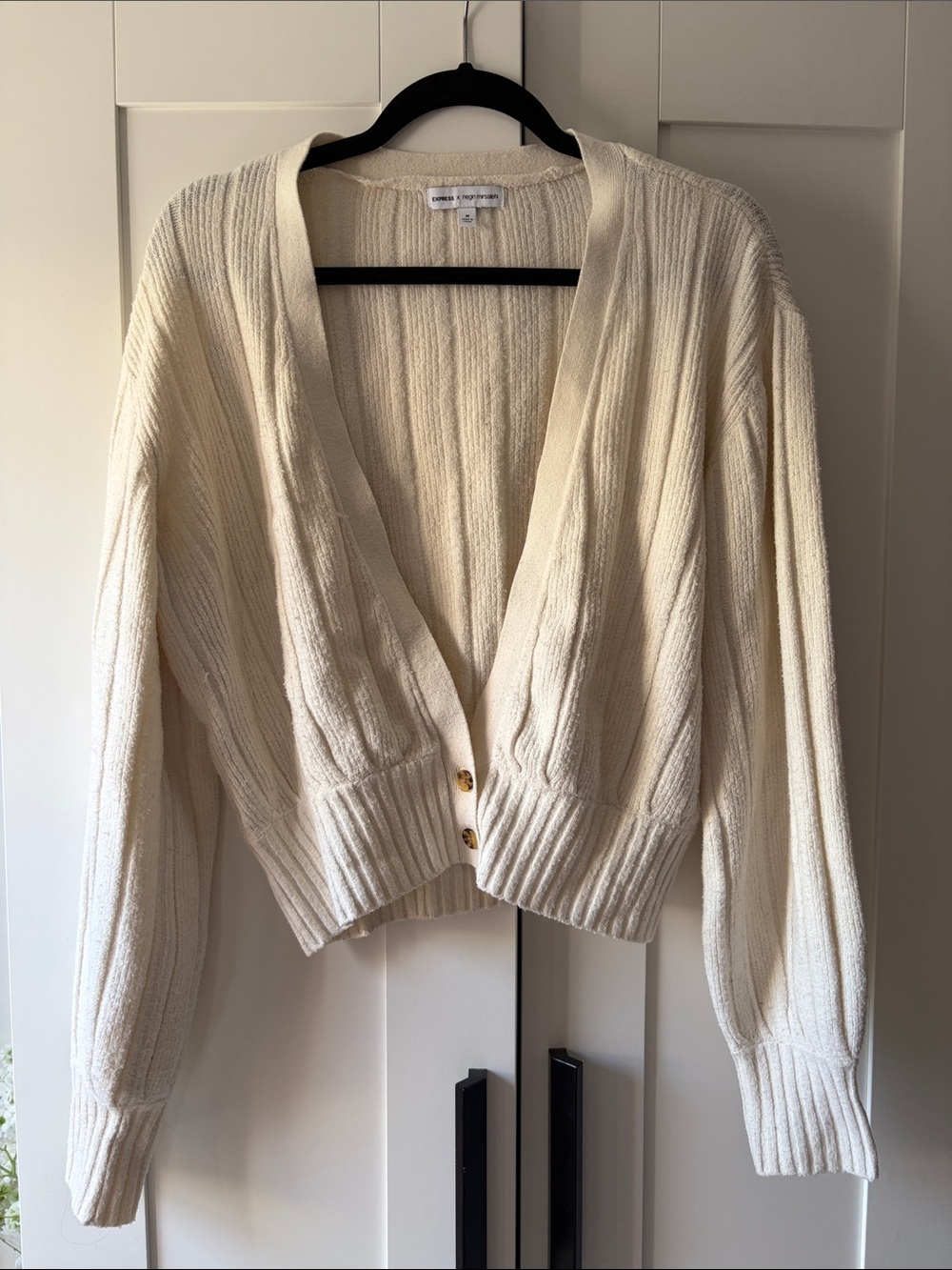 Express Cream Ribbed V-Neck Button Front Cardigan